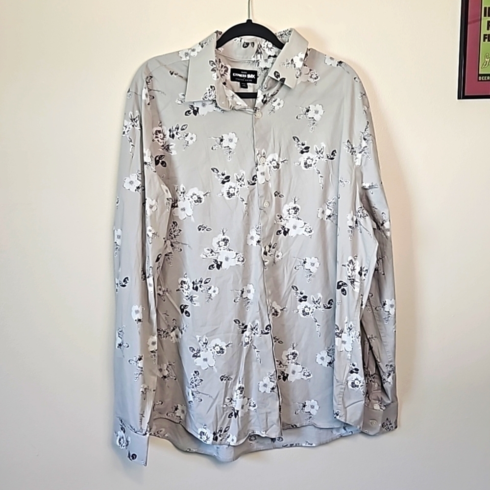 Express 1MX Floral Gray Long Sleeve Shirt XLarge